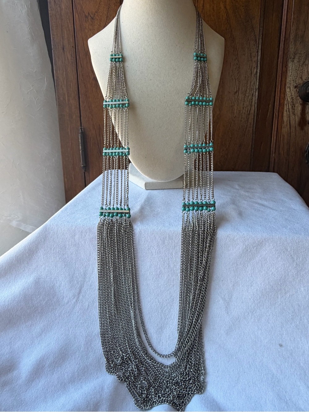 Long Silver Tone Multi Strand Chain Necklace Turquoise Bead Boho Statement